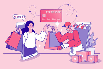 This social commerce concept illustrates a successful P2P transaction on a mobile app. A customer gives a 5-star rating for her online shopping purchase, secured by a credit card payment to the seller
