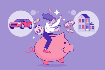 A happy woman rides a piggy bank, celebrating her financial planning success. She uses a smartphone app for her savings plan to achieve dreams like buying a new house and car, illustrating successful.