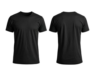 Two views of a plain black short-sleeved t-shirt on a black background