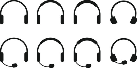 Headphone Icon Set. Headset and Digital Communication Icons collection. Audio Listening and Music Symbol. Listening Equipment and Volume Control