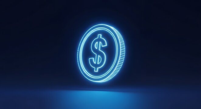 Modern dollar currency symbol design neon blue round with money logo symbolizing financial technology and digital economic innovation