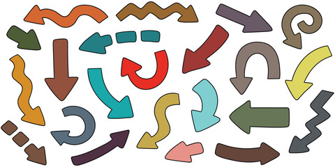 Hand-drawn cartoon set of colored arrows on a white background.