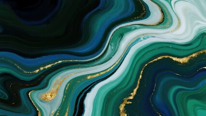 Luxury Teal and Emerald Green Background with Gold Glitter Lines on Agate Marble Texture