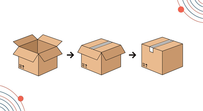 Illustrating the simple process of folding and sealing a cardboard box for shipping purposes.