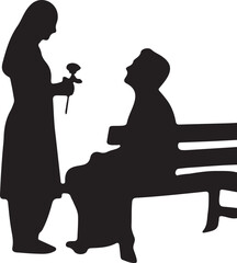 Silhouette of a young woman offering a rose to an elderly person sitting on a park bench