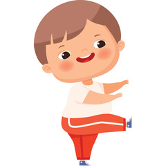 Chubby Boy In White Shirt And Orange Pants Performing A Dynamic Pose With A Joyful Expression And Brown Hair White Background