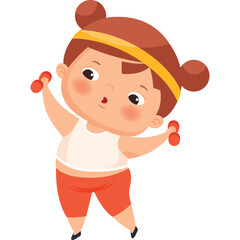 Chubby Cartoon Child Girl Exercising with Red Dumbbells Wearing White Tank Top and Orange Shorts with Brown Hair in Buns and Yellow Headband Transparent Background