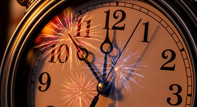 Close up clock face showing 11:59pm with fireworks reflection