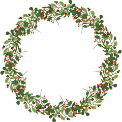 Circular Christmas Wreath With Green Leaves And Red Berries On A Transparent Background