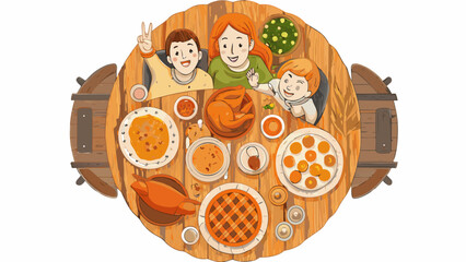 Happy family gathered around a wooden table laden with a delicious thanksgiving feast and ready to celebrate together
