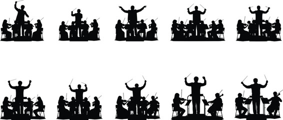 Orchestra conductor silhouettes, musical performance poses, string instrument ensemble, dynamic baton gestures, classical concert scene illustration flat vector