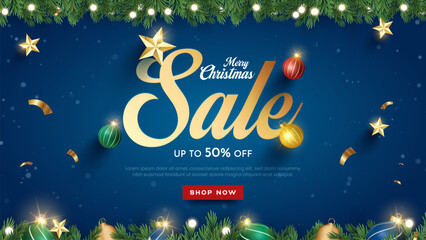 Merry Christmas sale promotion poster banner with product display and festive decoration light background. Christmas Product podium with holiday decoration theme.
