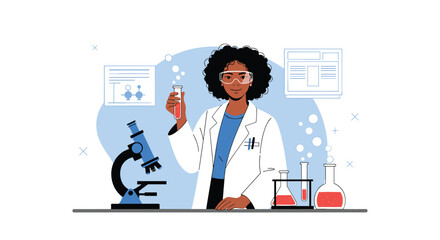 A female scientist wearing a lab coat examines a test tube while working in a laboratory with a microscope and beakers.