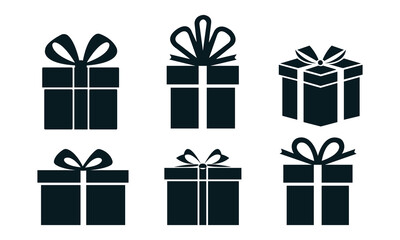 Six dark blue gift boxes with ribbons on white present