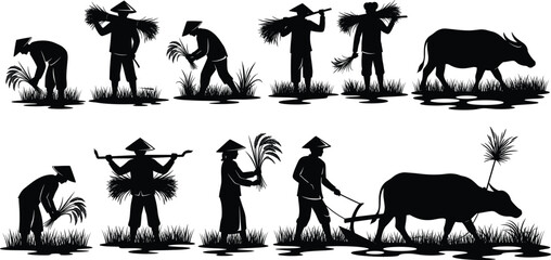Rice farming silhouettes, traditional agriculture, farmers working, harvesting rice, planting field, water buffalo, rural labor, Asian culture, agricultural vector, farming illustration