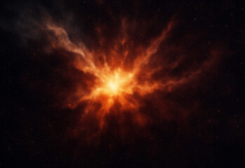Vivid orange nebula eruption in deep space with bright central glow, wispy gas filaments and a dense star field, dramatic astronomical scene ideal for science and education