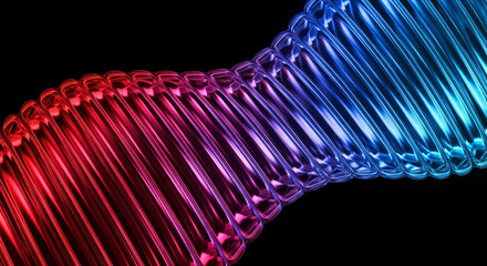 A vibrant red and blue glowing helical structure resembling a DNA strand on a black background.