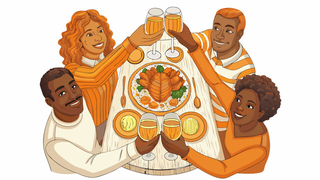 A diverse group of friends and family gathered around a table raising glasses of champagne in a toast to celebrate a festive meal