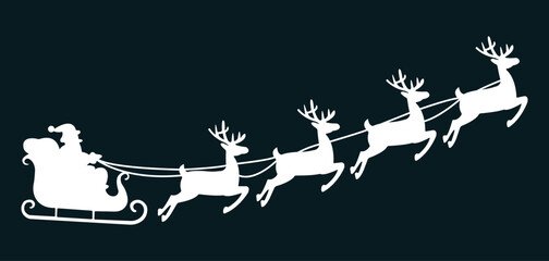White silhouette of Santa Claus in sleigh pulled by reindeer