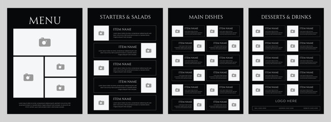 Dark minimal luxurious restaurant menu template with elegant typography and modern layout perfect for fine dining bars cafes and premium food brands ideal for professional printable menu design