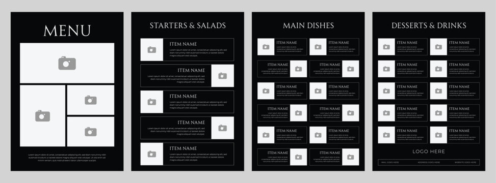 Dark minimal luxurious restaurant menu template with elegant typography and modern layout perfect for fine dining bars cafes and premium food brands ideal for professional printable menu design - Powered by Adobe