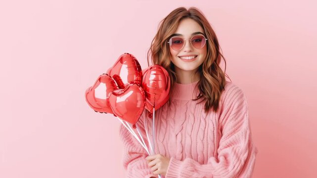 Heartfelt Radiance: A radiant woman, adorned with fashionable sunglasses and a charming smile, clutches a bouquet of heart-shaped balloons, her image captures the essence of Valentine's Day.