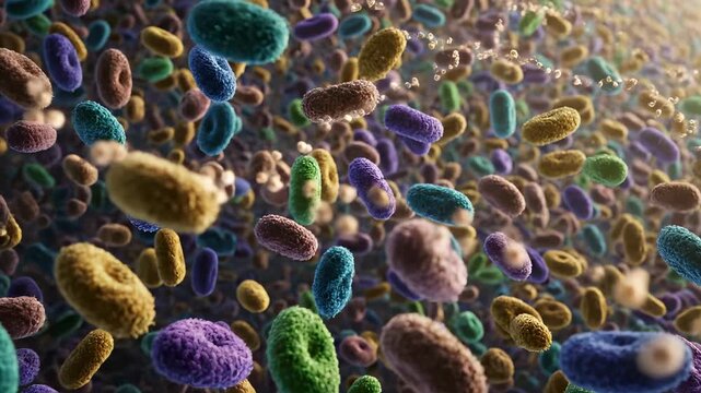 microbe and bacterium drift in suspension. cell shapes shift and cluster. motion appears random. groups shift and merge. particles move and collide. visualization shows complex population behavior.
