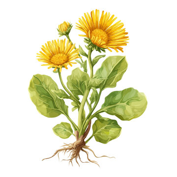 An EPS format illustration, vector, simple flat 2D icon, minimalist design, icon set, A Simple 2D Vibrant vibrant elecampane root and yellow flower illustration isolated on a white background
