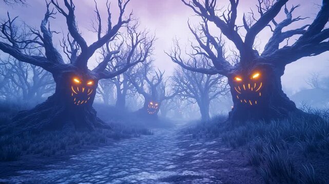 Enchanted Forest with Glowing Eyes: A spooky forest scene at twilight with ominous glowing eyes on the trees. The image conveys the haunting beauty of a magical night.