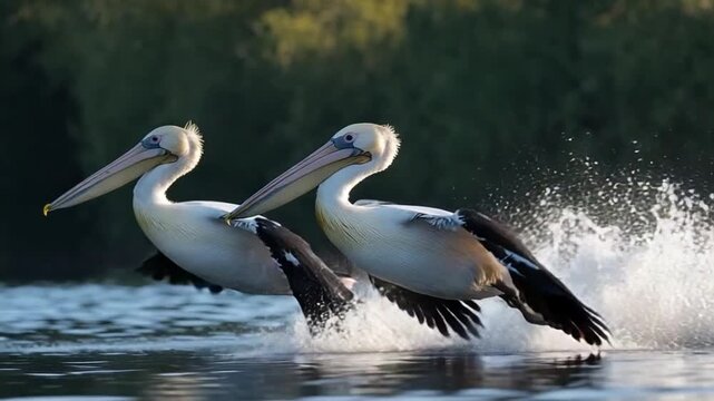 Pelicans birds flying resting at sunlight australian landscape video