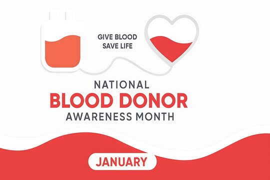 National blood donor awareness month january graphic with heart and blood donation concept