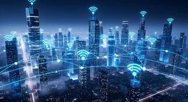 Futuristic Modern City at Night with Wireless Network Connections - Powered by Adobe
