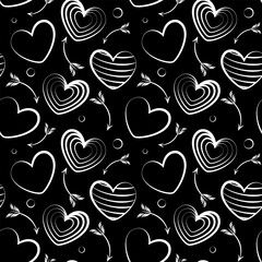 Bold, monochromatic vector seamless pattern of various hearts mixed with cupid's arrows and confetti on a crisp black background, perfect for stylish graphic designs.