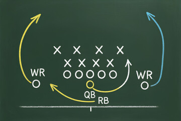 American Football Play Strategy Diagram on Chalkboard with Arrows and Player Positions