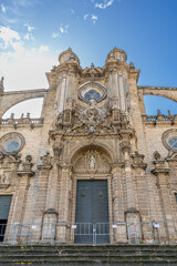Jerez de la Frontera, Spain - May 15, 2025: Details of the exterior facade of the cathedral in Jerez de la Frontera, Spain