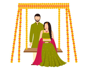 indian wedding couple on swing decorated with marigold garland for mehendi sangeet ceremony