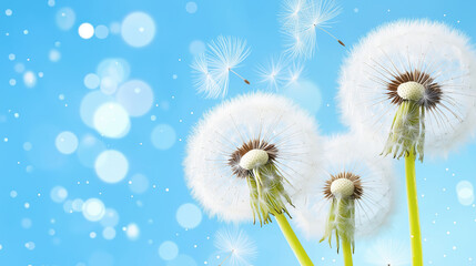 Dandelion seed nature blue sky summer bright fluffy plant outdoor Dandelion seeds floating in air against bright blue sky create dreamy peaceful and fresh summer nature scene