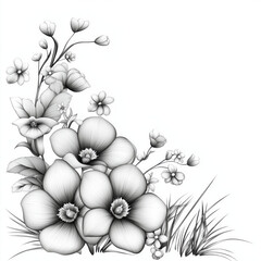 Black and white floral illustration, large blooming flowers with delicate petals, surrounded by smaller blossoms, leaves, and grass, elegant and detailed botanical drawing