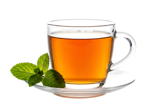A refreshing glass mug filled with amber tea and fresh mint leaves isolated on transparent background - Powered by Adobe