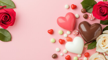 Heart shaped chocolate pink background red rose white rose candy romantic sweet love celebration festive joyful Valentine gift dessert happiness