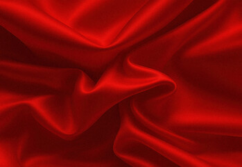 Close up of luxurious red satin fabric with flowing folds, soft reflections, and rich texture highlighting the smooth sheen, dramatic curves, and elegant drapery