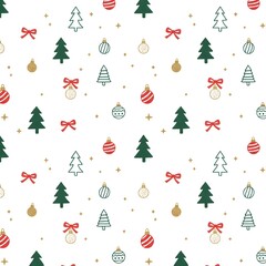 Festive Red Gold and Green Christmas Pattern Illustration Seamless Background in Cute Doodle Style