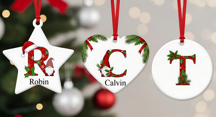 Three personalized Christmas ornaments with letters R, C, and T are hanging on a tree.