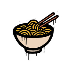 Stylized noodle bowl graphic with chopsticks, dripping paint effect isolated