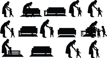 Mother, child, silhouette, parenting, caregiving, toddler, interaction, domestic, love, support, development, walking, helping, bonding, flat, vector, black, minimalist, nurturing, moment