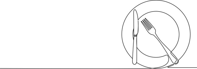 continuous line drawing of fork and knife on dinner plate, line art vector illustration