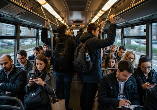 Commuters on a crowded bus or train - Powered by Adobe