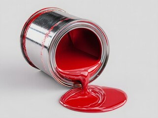 Can of red paint is opened and the paint is dripping out. Concept of creativity and artistic expression, as the paint is being used to create a work of art