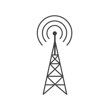 A minimalist black and white line art icon representing a radio tower with signal waves emanating from the top