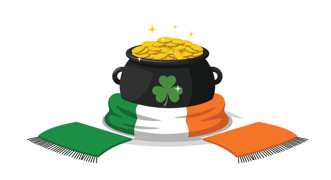 Celebrate Saint patrick's day with a pot of gold and irish flag elements.